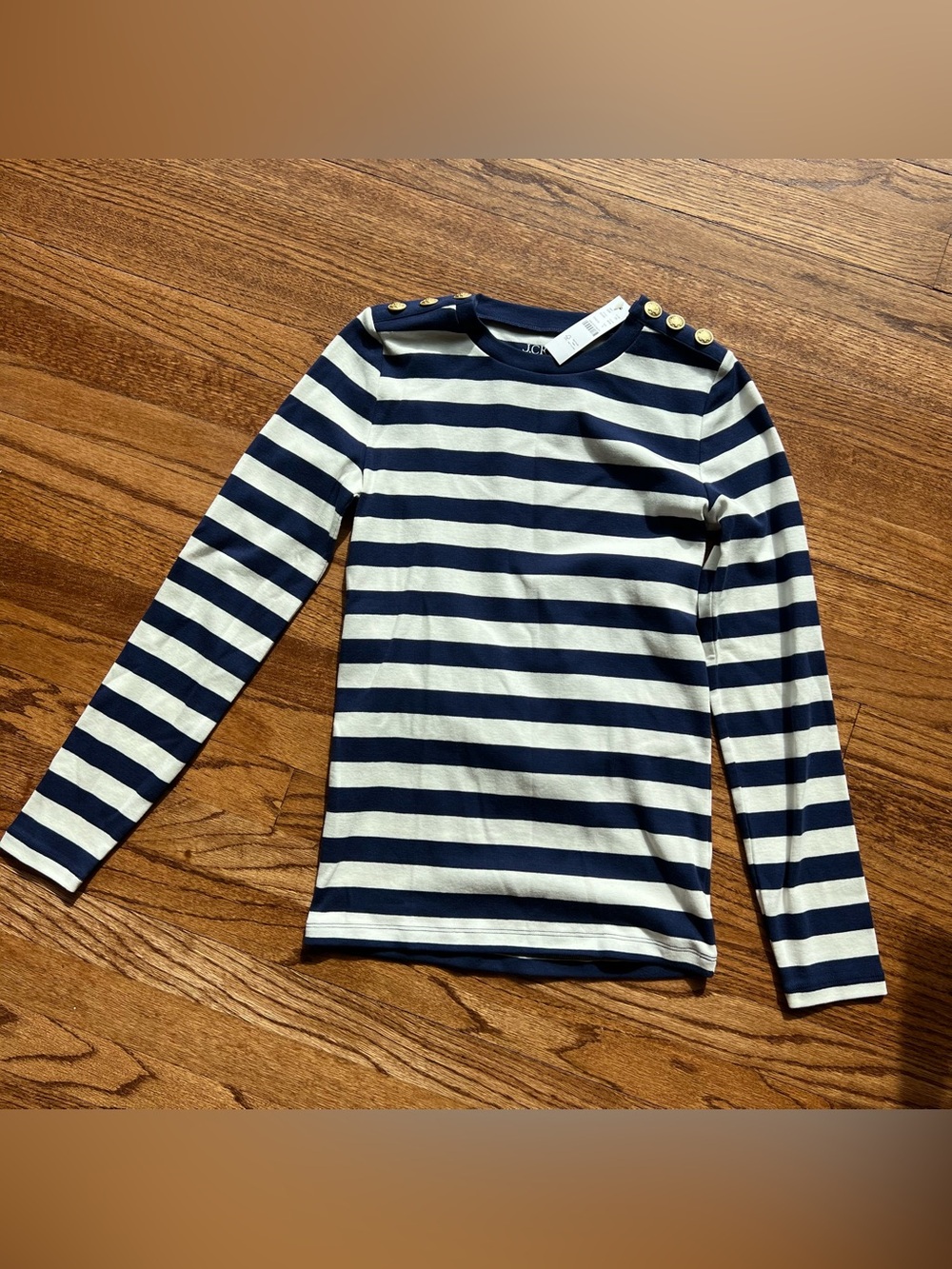 J. Crew Navy and White Striped Long-Sleeve Tee with Gold Buttons